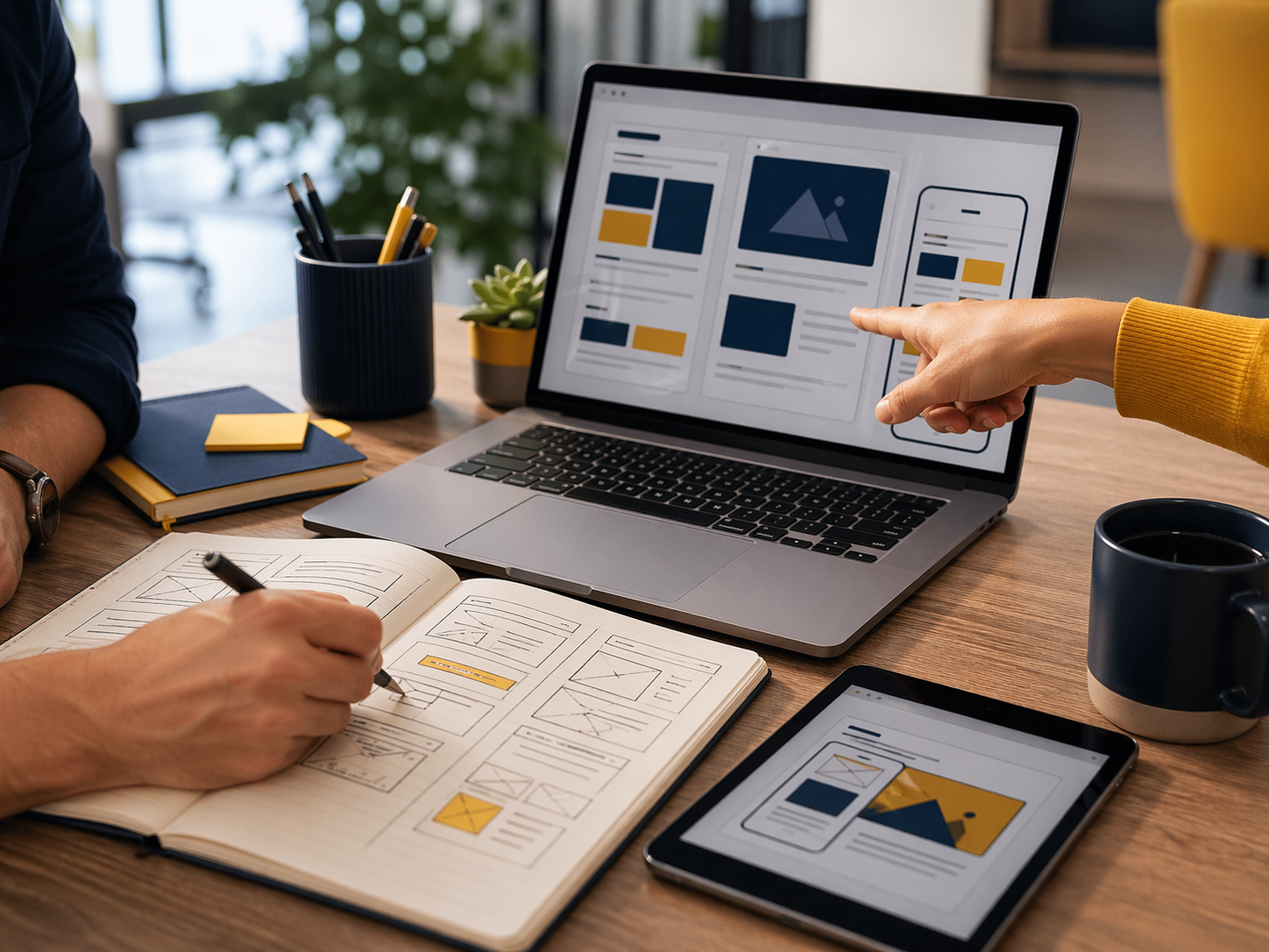Planificacion de proyecto digital con wireframes y notebook